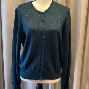 Ann Taylor Dark Green Sparkle Cardigan, size large.
